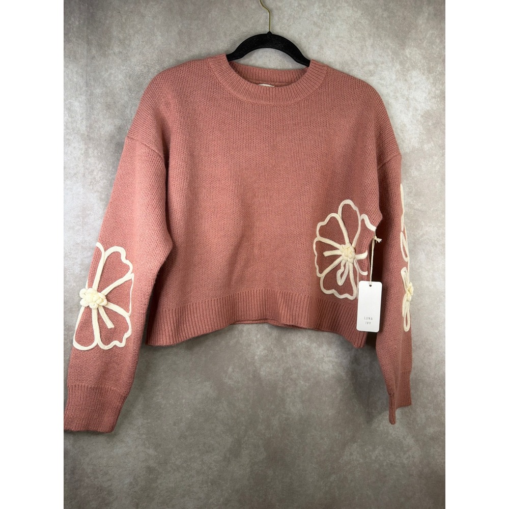 Luna Ivy Sweater Womens Small Pink Floral Embroidered Crew Neck CC0512 NEW